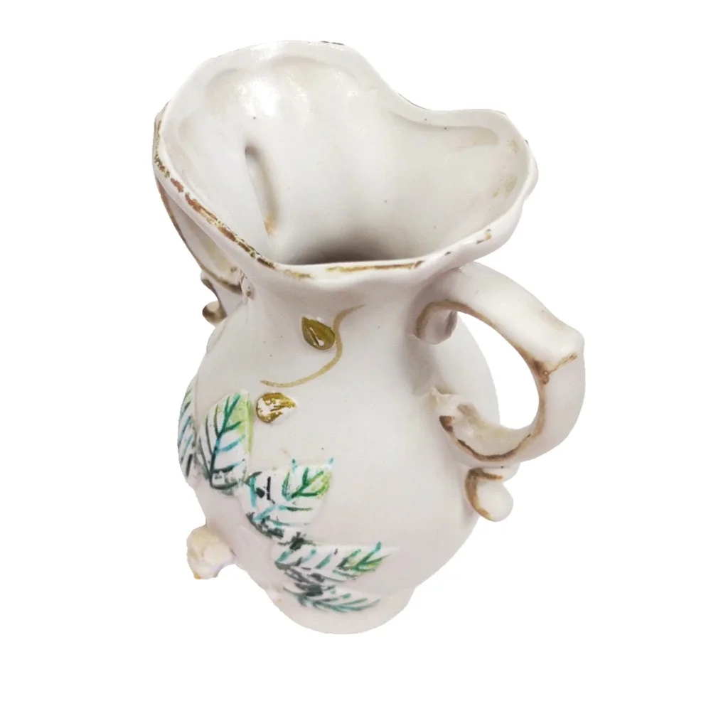 Vintage Bisque Porcelain Handled Raised Flower Vase 7
